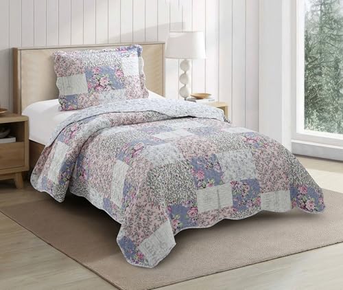 Blue & Pink Roses Toile Lively Patchwork Quilt Set