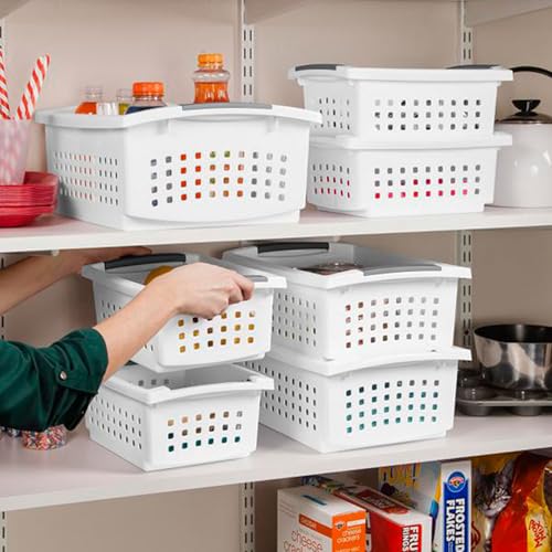 16608008 Small Stacking Basket with Vertical Stacking Functionality and Titanium Accents for Organization in Home or Office (16 Count)
