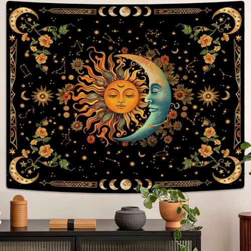 Sun and Moon Tapestry Astrology Space Wall Hanging Boho Hippie Floral Plant Tapestries Aesthetic Vintage Mandala Flower Decor for Living Room Bedroom