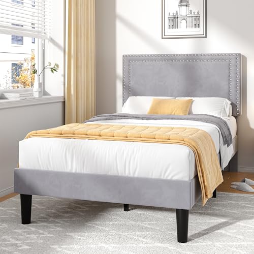 Twin Size Platform Bed Frame with Adjustable Upholstered Headboard