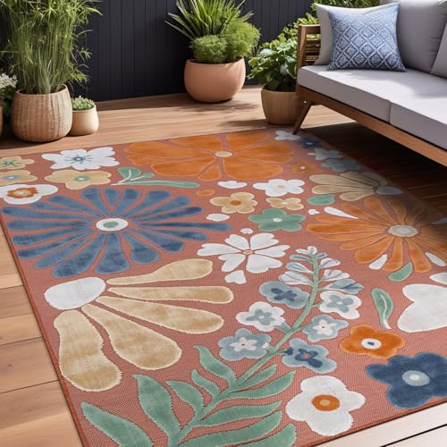 Outdoor Rug 8x10 Modern Floral Tropical Area Rugs for Outdoor and Indoor Patio Easy to Clean Non Shedding Living Room Porch Garden Washable Outside Carpet (80 Sq Ft)