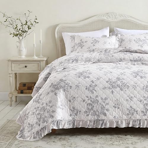 Greyish Blue Ruffled Quilt Queen Size with 2 Pillow Shams