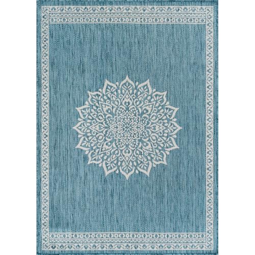 Outdoor Rug 8x10 Medallion Aqua Modern Area Rugs for Indoor and Outdoor Patios Kitchen and Hallway Mats Washable Porch Deck Outside Carpet (80 Sq Ft)