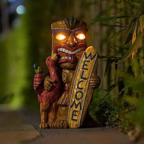 Solar Tiki Garden Statue Outdoor Decor with Flamingo Waterproof Welcome Sign for Tiki Bar