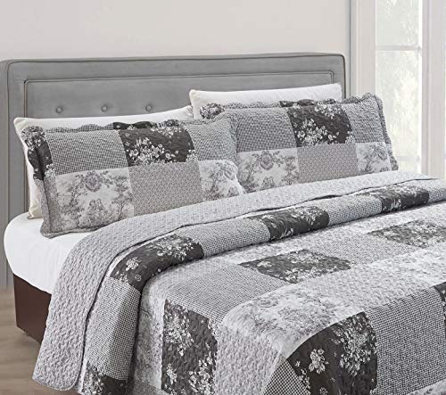 Multi Grey Toile & Floral Patchwork Quilt Set