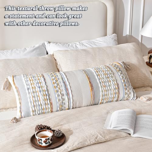 Chenille Striped Textured Boho Throw Pillow Covers Aesthetic with Tassels Woven Decorative Pillow Case for Couch Bed Sofa Bedroom Modern Funky 14 x 36