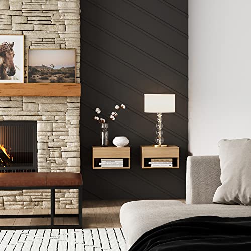 Jackson Wall Mounted Floating Bedroom Nightstand with Storage Drawer and Modern Open Shelf Cubby Set of 2