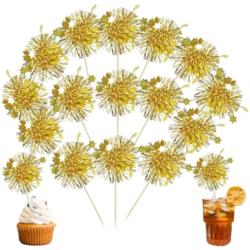 30Pcs Foil Firework Cupcake Toppers Happy Birthday Cake Toppers Tinsel Flower Drink Stirrers Cocktail Food Fruit Toothpicks for Valentine's Day Party Decorations Gold (30 Count)
