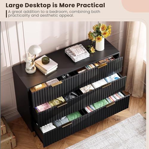 47.2" Fluted Black 6 Drawer Dresser for Bedroom with Deep Drawer