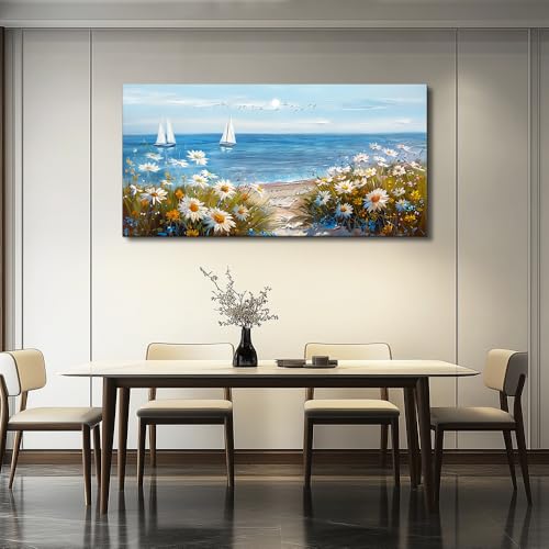 Wall Art For Dining Room Kitchen Blue Ocean Landscape Painting Art Pictures Living Room Decor Vintage Landscape Canvas Print Suitable For Bedroom Office Farmhouse Wall Decoration 24x48 In