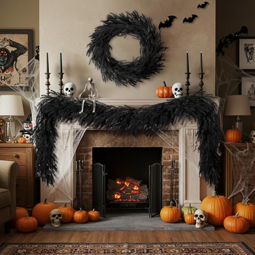 5.9FT Black Artificial Norfolk Pine Garland Real Touch Halloween Garlands Faux Garland for Table Mantle Holiday Fireplace Indoor Outdoor Halloween Christmas Decorations (5.9 Foot)