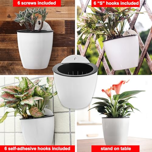 6 Pack Hanging Planter Wall Planter Self Watering 5 inch Plant Pot with Hardware Vertical Planter Outdoor Indoor Plants Herb Garden Home Décor Kitchen Balcony Railing Shelf Fence (6 Count)