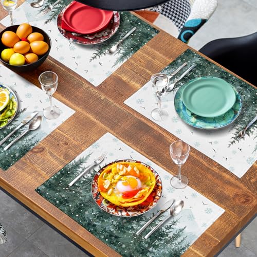 Winter Pine Tree Snowflake Placemats Set of 4 Christmas Snow Green Forest Place Mat 12x18 Inch Seasonal Xmas Holiday Rustic Nature Washable Fabric Table Mats for Farmhouse Kitchen Dining Decoration (4 Count)