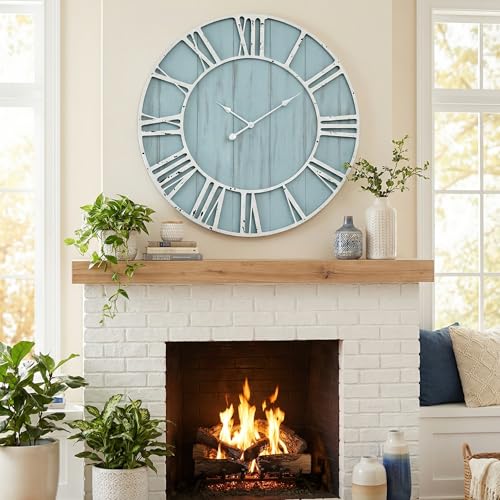 Large Farmhouse Wall Clock 30 Inch Vintage Blue Wooden Wall Clock with Quiet Ticking and Minimalist Roman Numerals for Bedroom Living Room Office Kitchen Home Decor
