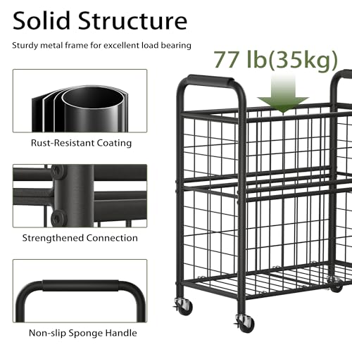 145L Rolling laundry Sorter Hamper Basket 3 Section with Wheels