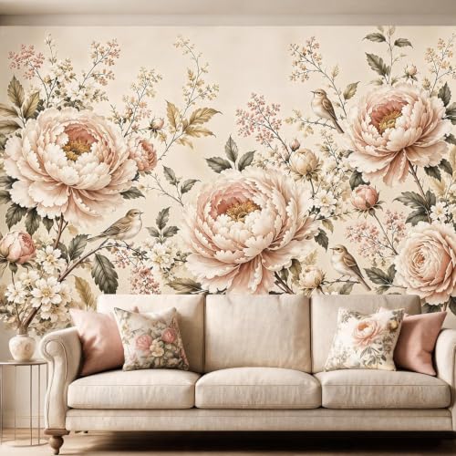 Retro Peony Floral Peel and Stick Wallpaper Mural for Bedroom
