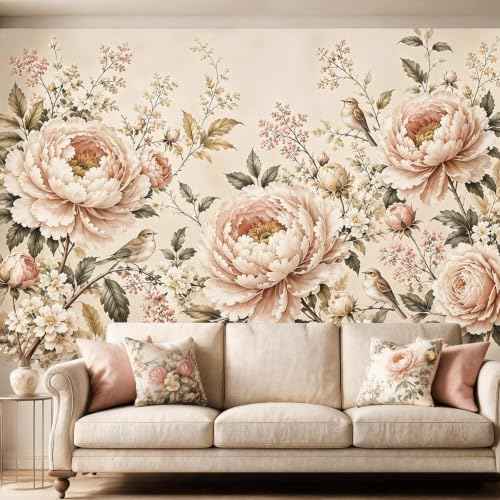 Retro Peony Floral Peel and Stick Wallpaper Mural for Bedroom