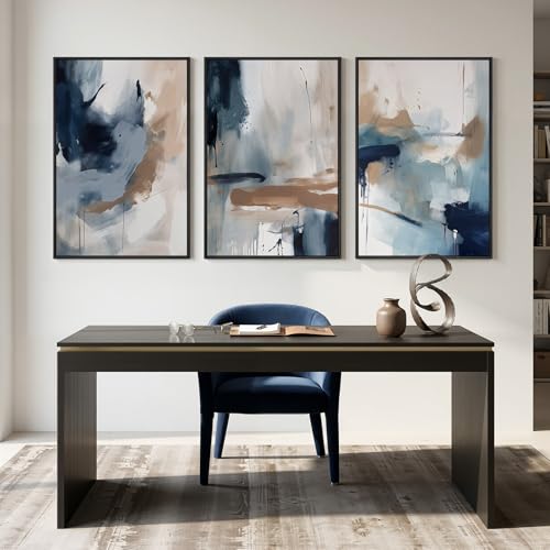 Large Framed Blue Neutral Abstract Wall Art for Living Room (3 Count)
