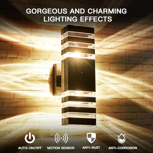 2 Pack Oil Rubbed Bronze Outdoor Wall Lights Fixtures with Motion Sensor Up Down Porch Lights Modern Dusk Dawn Exterior Sconce Wall Mount Outside Coach Lantern for House (2 Count)
