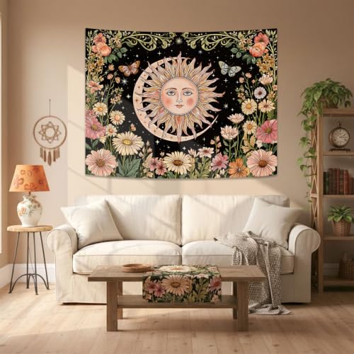 Boho Vintage Sun and Moon Hippie Floral Tapestry 48 x 36 Inch