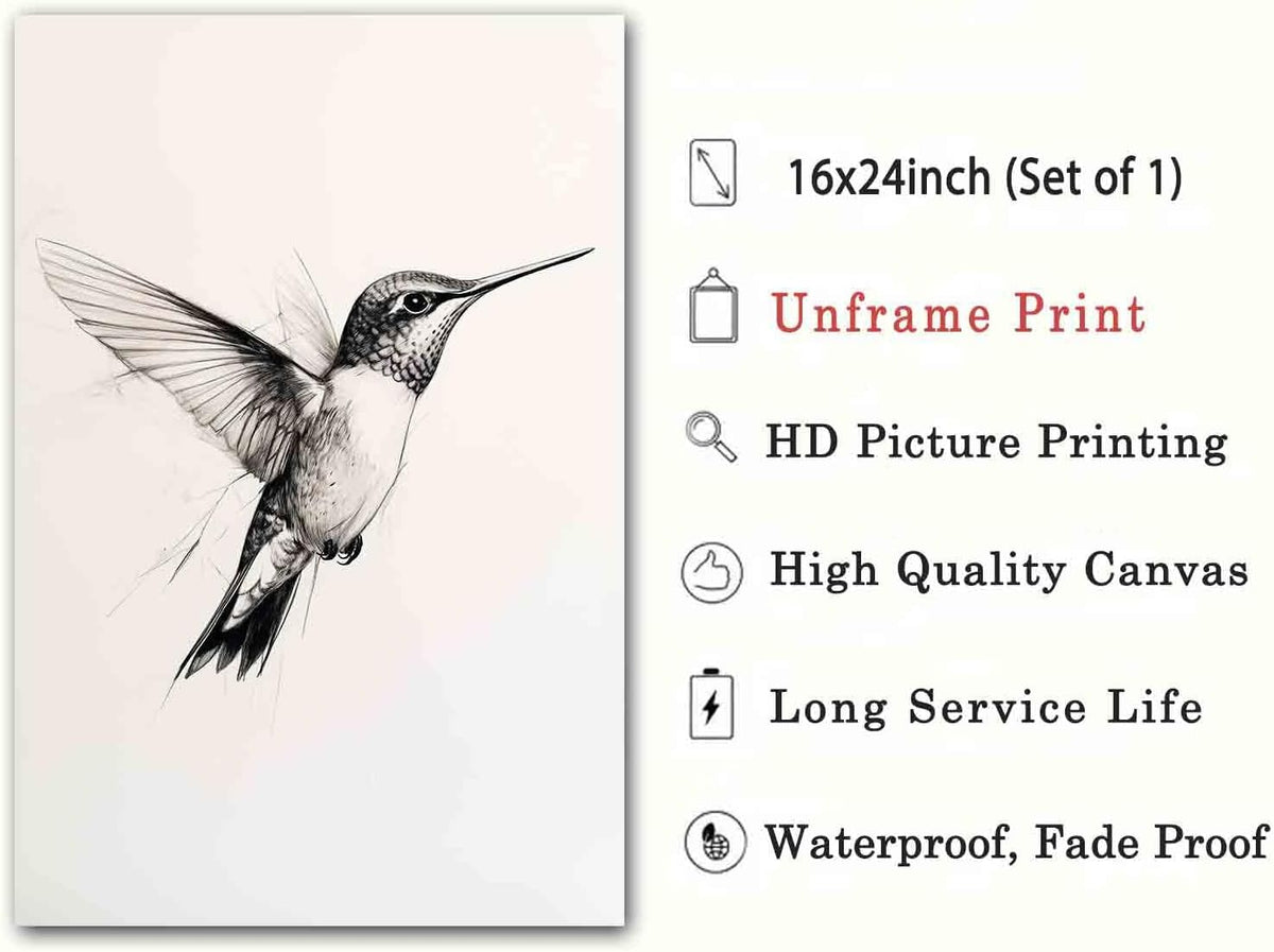 Hummingbird Canvas Wall Art Animal Sketch Prints Sketch Painting Minimalist Animal Wall Art Black And White Bird Prints Vintage Hummingbird Poster Farmhouse Artwork Room Decor 16x24inch No Frame