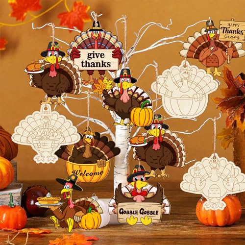 36PCS Wooden Thanksgiving Decoration Turkey Ornaments to Paint Thanksgiving Ornaments for Tree Crafts Cutouts Unfinished (36 Count)