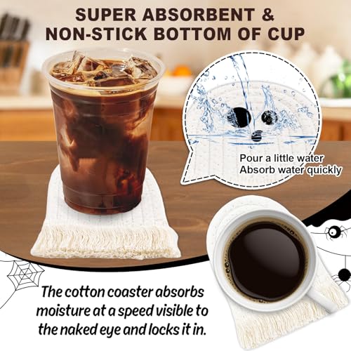 Halloween Ghost Cotton Coasters Cute White Ghost Shape Handmade Braided Drink Coasters with Tassel Absorbent Cup Mats for Trick or Treat Party Home Table Decor (4 Count)