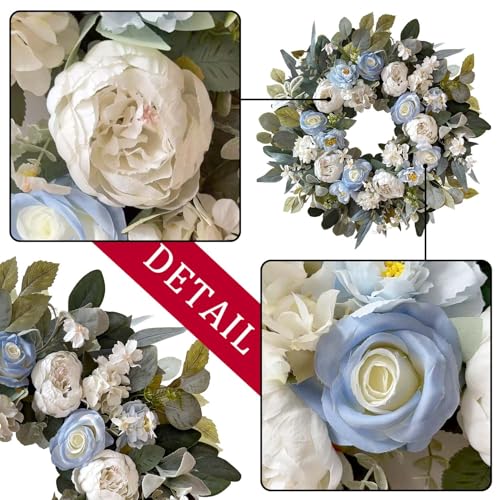 24 Inch Spring White Peony Wreath Baby Blue Rose Front Door