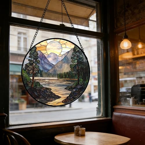 Mountain Lake Stained Glass Window Hanging Suncatcher Gifts for Women 6.3"