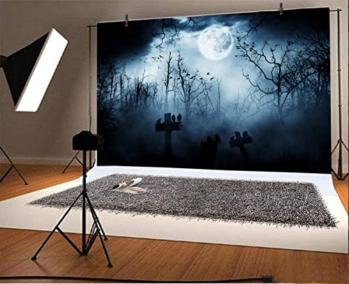 10x6.5ft Spooky Halloween Graveyard Backdrop Foggy Full Moon Horror Scene