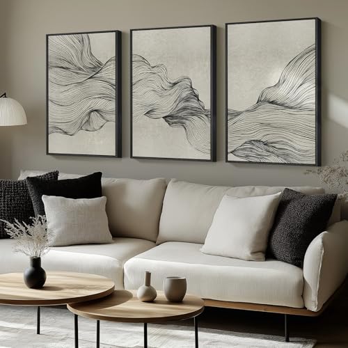 Large Framed Neutral Modern Abstract Wall Art for Living Room (3 Count)