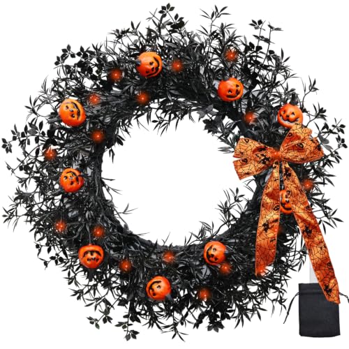 20 Inch Pumpkin Halloween Wreath with 30 Orange LEDs & Spiderweb Bow