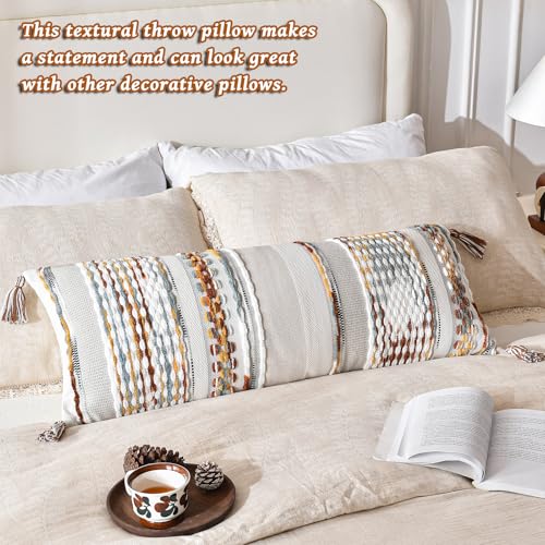 Chenille Striped Textured Boho Throw Pillow Covers Aesthetic with Tassels Woven Decorative Pillow Case for Couch Bed Sofa Bedroom Modern Funky 14 x 36