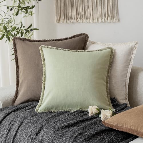 Decorative Linen Fringe Throw Pillow Covers 26×26 Light Green (2 Count)