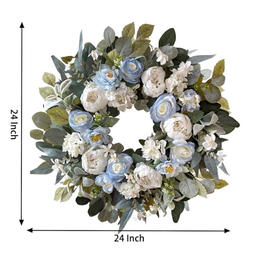 24 Inch Spring White Peony Wreath Baby Blue Rose Front Door