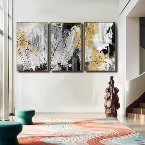 Gold Wall Art Abstract Wall Art Living Room Decor Black and White Canvas Picture Home Decor Wooden Frame Line Paintings Modern Artwork Office Decor 24"x 36"x 3 Pieces (3 Count)