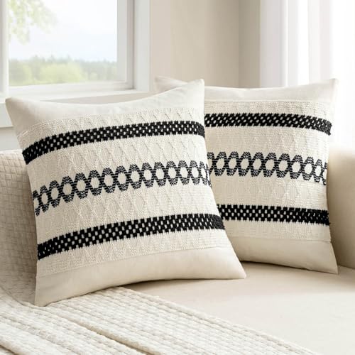 Set of 2 Black Boho Decorative Pillow Covers 18x18 Inch (2 Count)