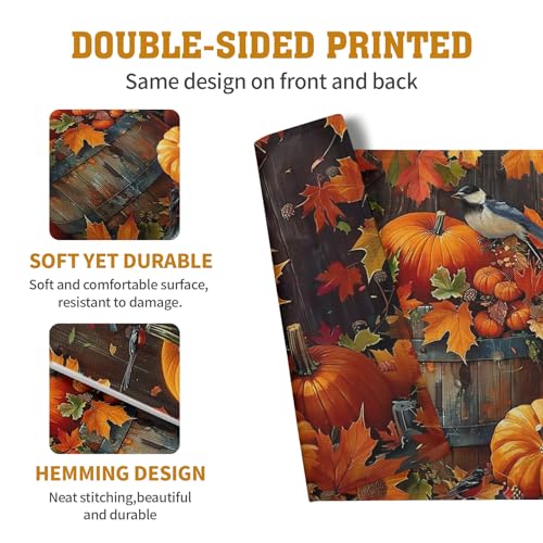 Pumpkin Maple Leaf Bird Fall Placemats Set of 4 Autumn Thanksgiving Seasonal Holiday Harvest Linen Table Mats Orange Brown Washable Place Mats for Party Kitchen Dining Outdoor Indoor Decor (4 Count)