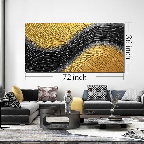 Black and Gold Abstract Painting Wall Decor for Living Room Modern 3D Hand Painted Wall Art for Office Extra Large Wall Art Bedroom Size 36 x 72 Inch