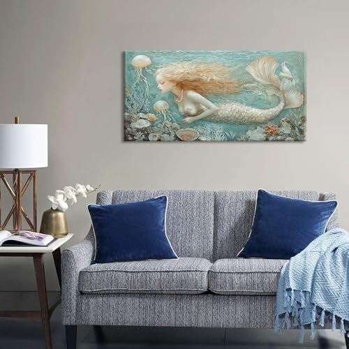 Ocean Mermaid Wall Art for Girls Room Modern Canvas Prints Marine Organism Underwater World Sea Creatures Artwork Paintings Women Bedroom Wall Decor
