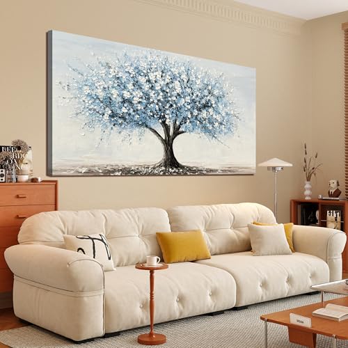 Vintage White Blue Wall Art for Bedroom Tree of Life Wall Art 24"X48"