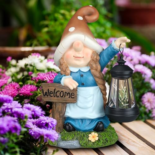 12.4” Solar Gnome Garden Statue with LED Lantern Welcome Sign Blue
