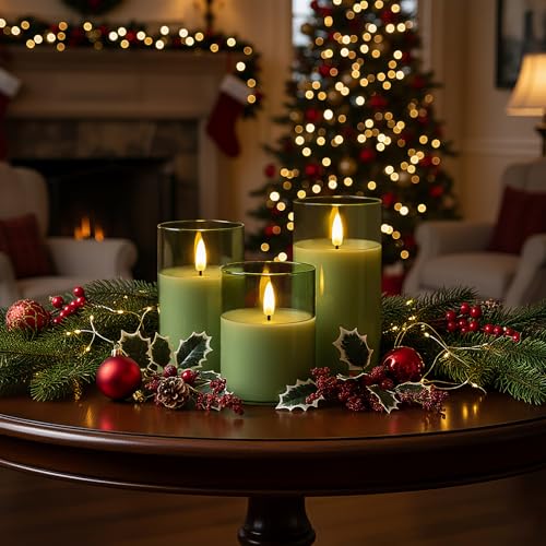 Sage Green Glass Flameless Candles (3 Count)