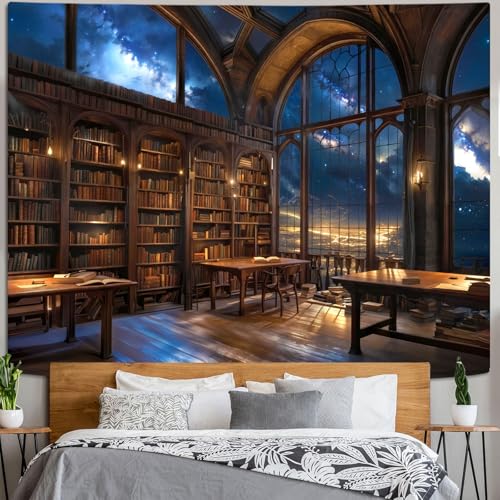 Gothic Library Tapestry Vintage Medieval Bookshelf Tapestries Wall Hanging Fantasy Space Academia Book Extra Large Tapestry for Bedroom Living Room Dorm Classroom 90 x 68 inch