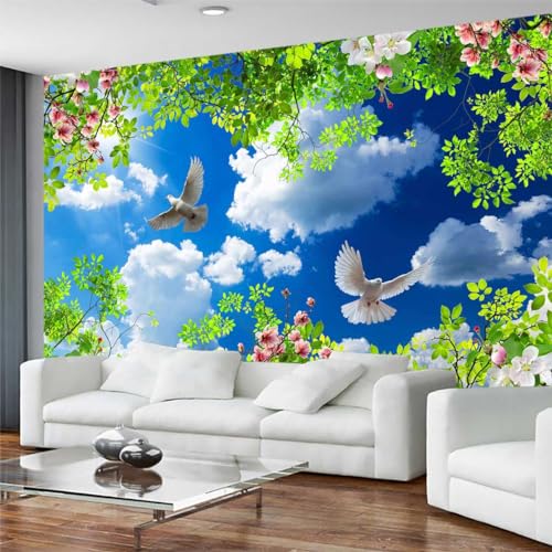 Green Plants Wrapped in Pigeons Flying Freely Under The Blue Sky and White Clouds Wallpaper for Large Background Wall murals
