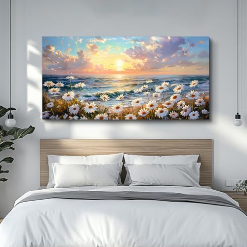 Large Wall Decor Canvas Painting Wall Art For Living Room Dining Room Bedroom Landscape Decor White Flowers Beach with waves Painting Print Artwork Picture Home Decor Aesthetics 24x48 In