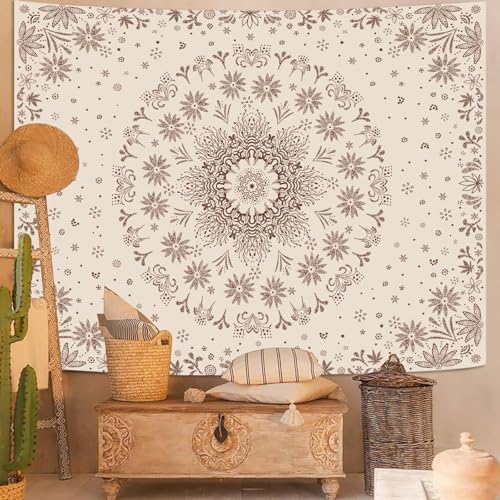 Boho Floral Mandala Tapestry Wall Hanging Bohemian Flower Medallion Tapestry Aesthetic Beige Brown Hippie Indian Small Tapestries for Bedroom Living Room Dorm Decor 48 x 36 Inch