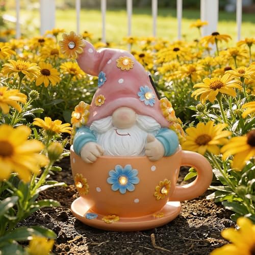Outdoor Garden Gnome Statue in Teacup with Sunflower Light