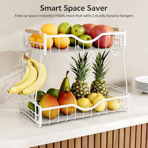 2 Tier Fruit Basket for Kitchen Countertop with 2 Banana Hangers