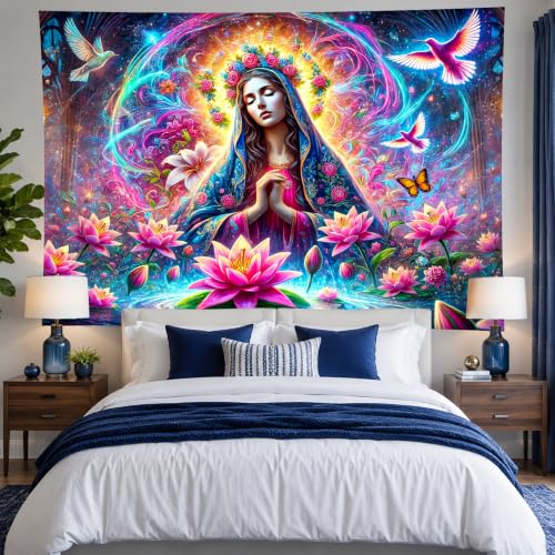 Virgin Mary Psychedelic Floral Art Blacklight Tapestry 78x59 Inch
